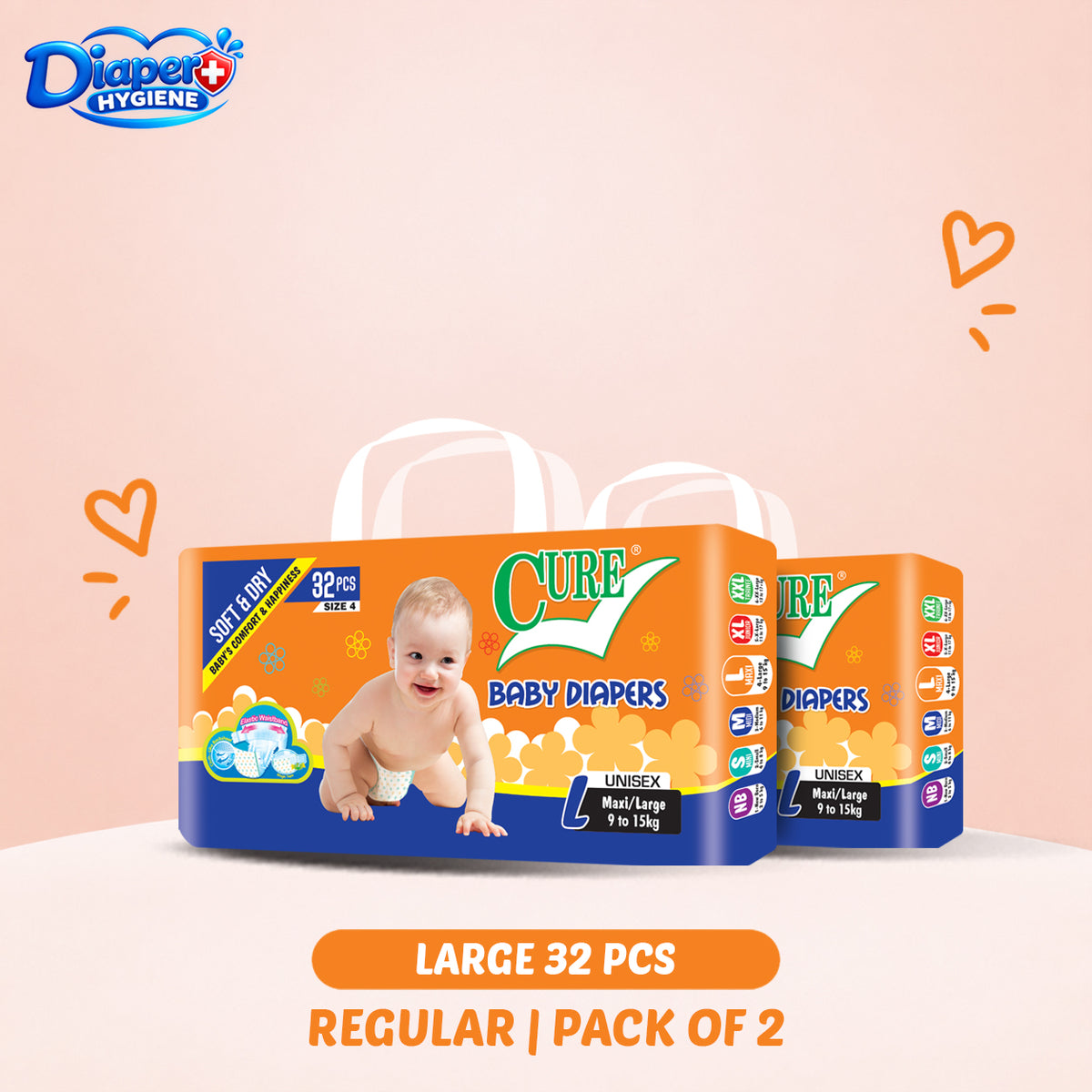 Cure Baby Diapers Large Size 32 Pcs Regular Pack of 2 – Unisex Baby Diapers for 9–15 kg Babies