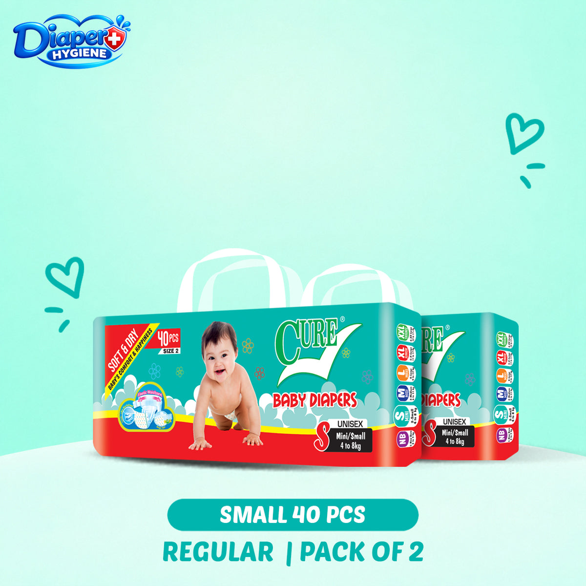Cure Baby Diapers Small Size 40 Pcs Regular Pack of 2 – Unisex Baby Diapers for 4–8 kg Babies