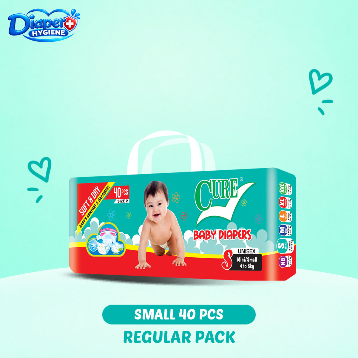 Cure Baby Diapers Small Size 40 Pcs Regular Pack – Unisex Baby Diapers for 4–8 kg Babies
