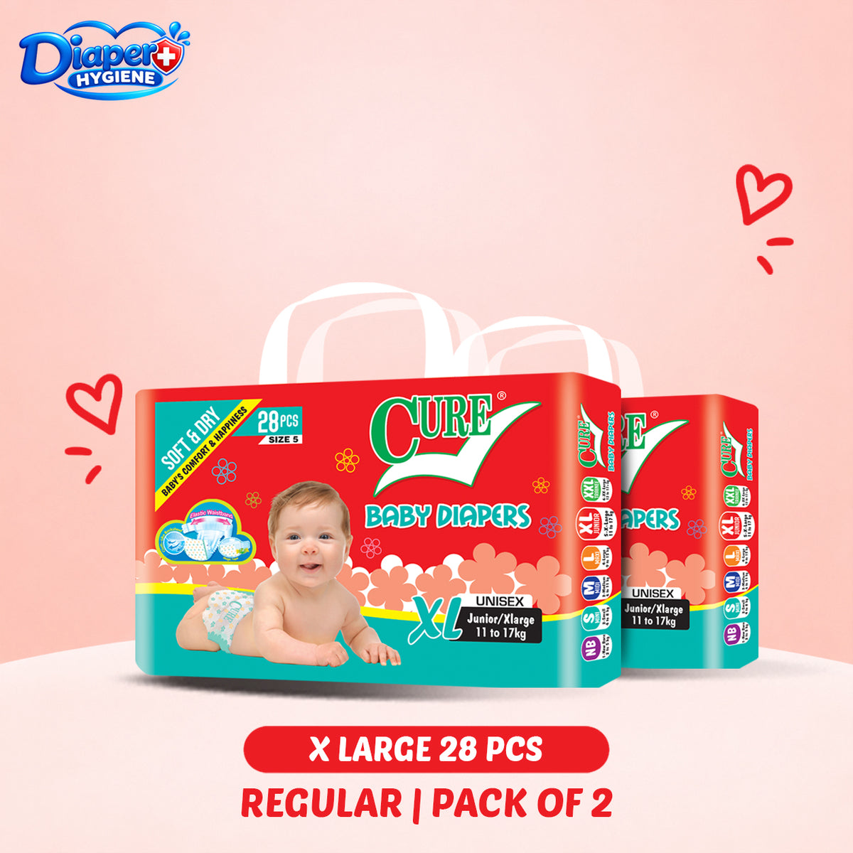 Cure Baby Diapers X Large Size 28 Pcs Regular Pack of 2 – Unisex Baby Diapers for 11–17 kg Babies