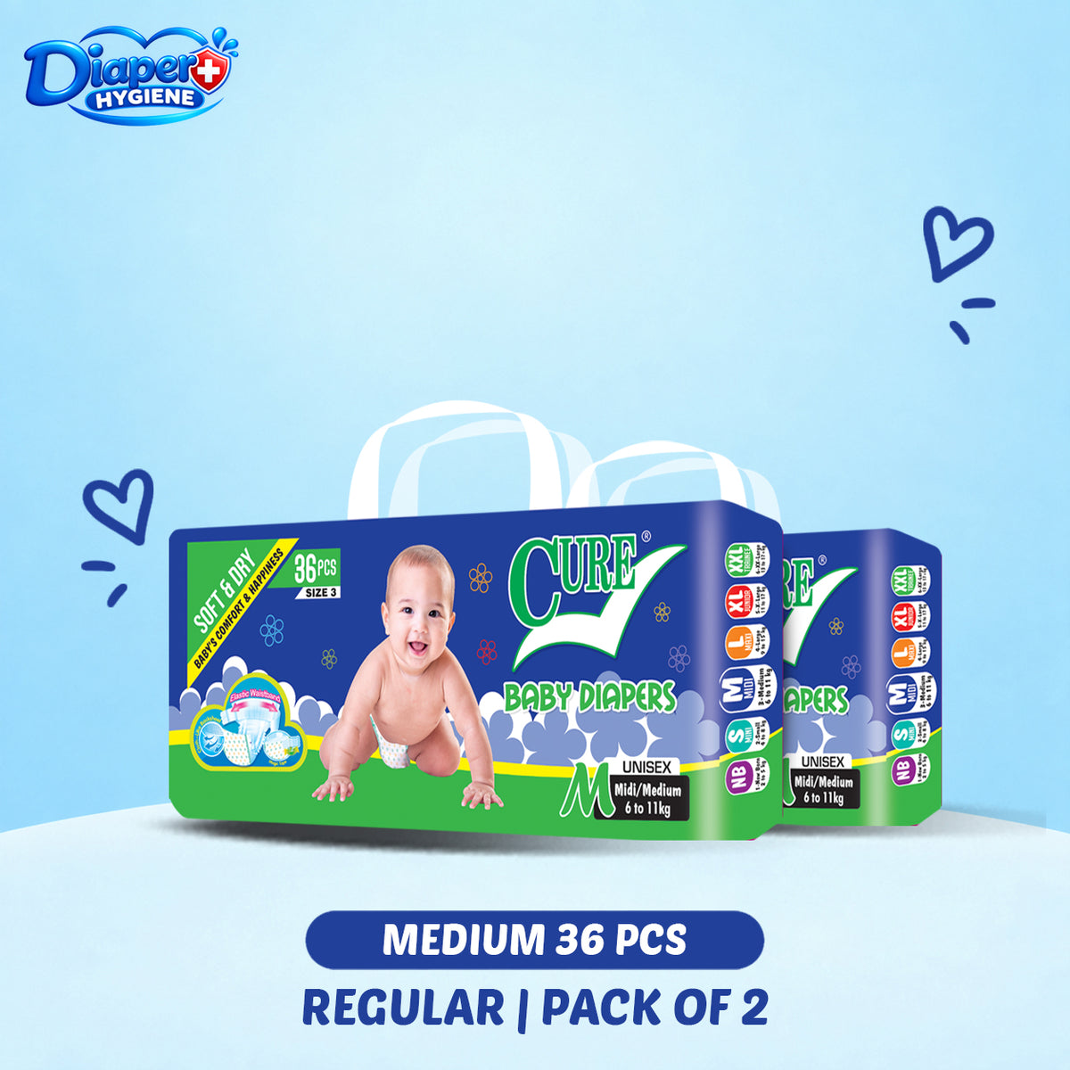 Cure Baby Diapers Medium Size 36 Pcs Regular Pack of 2 – Unisex Baby Diapers for 6–11 kg Babies