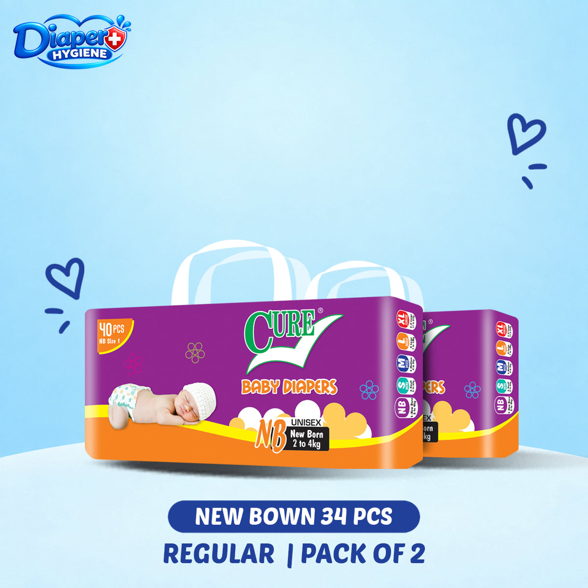 Cure Baby Diapers New Born Size 34 Pcs, Regular Pack of 2 – Unisex Baby Diapers for 2–4 kg Babies