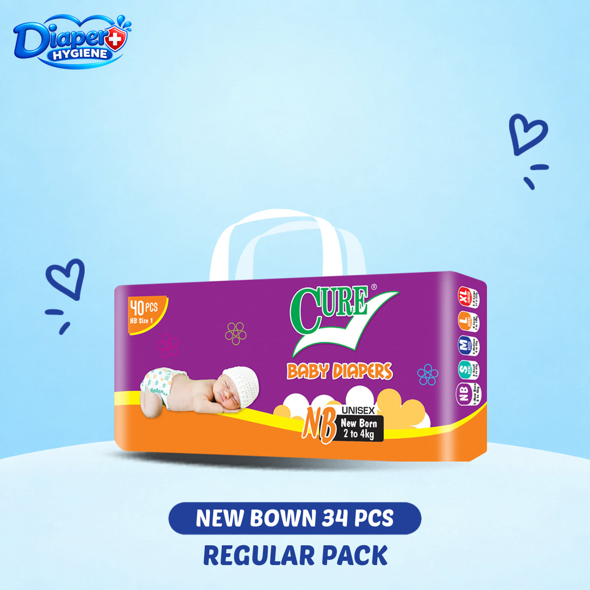 Cure Baby Diapers New Born Size 34 Pcs Regular Pack – Unisex Baby Diapers for 2–4 kg Babies