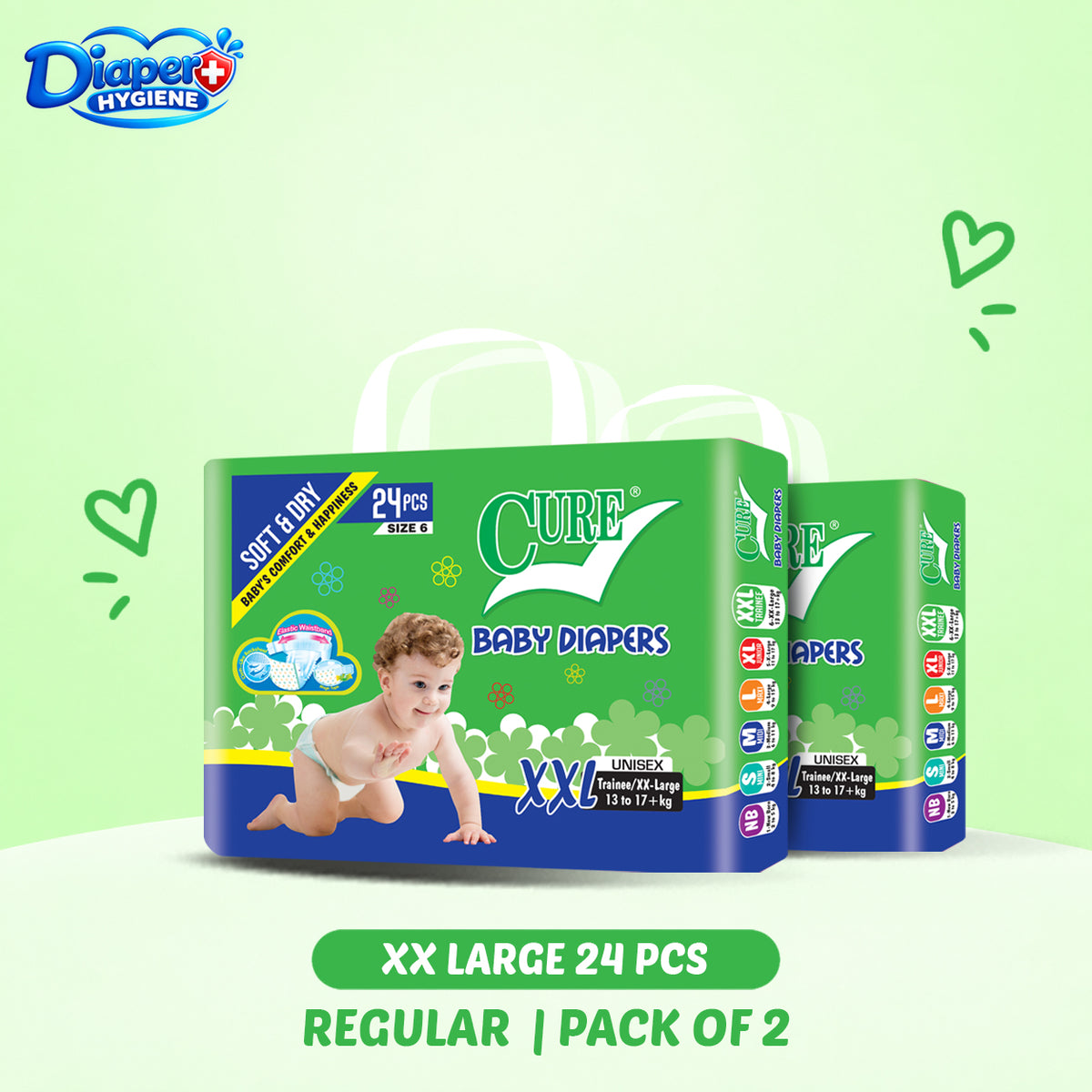 Cure Baby Diapers XX Large Size 24 Pcs Regular Pack of 2 – Unisex Baby Diapers for 13–17 kg Babies