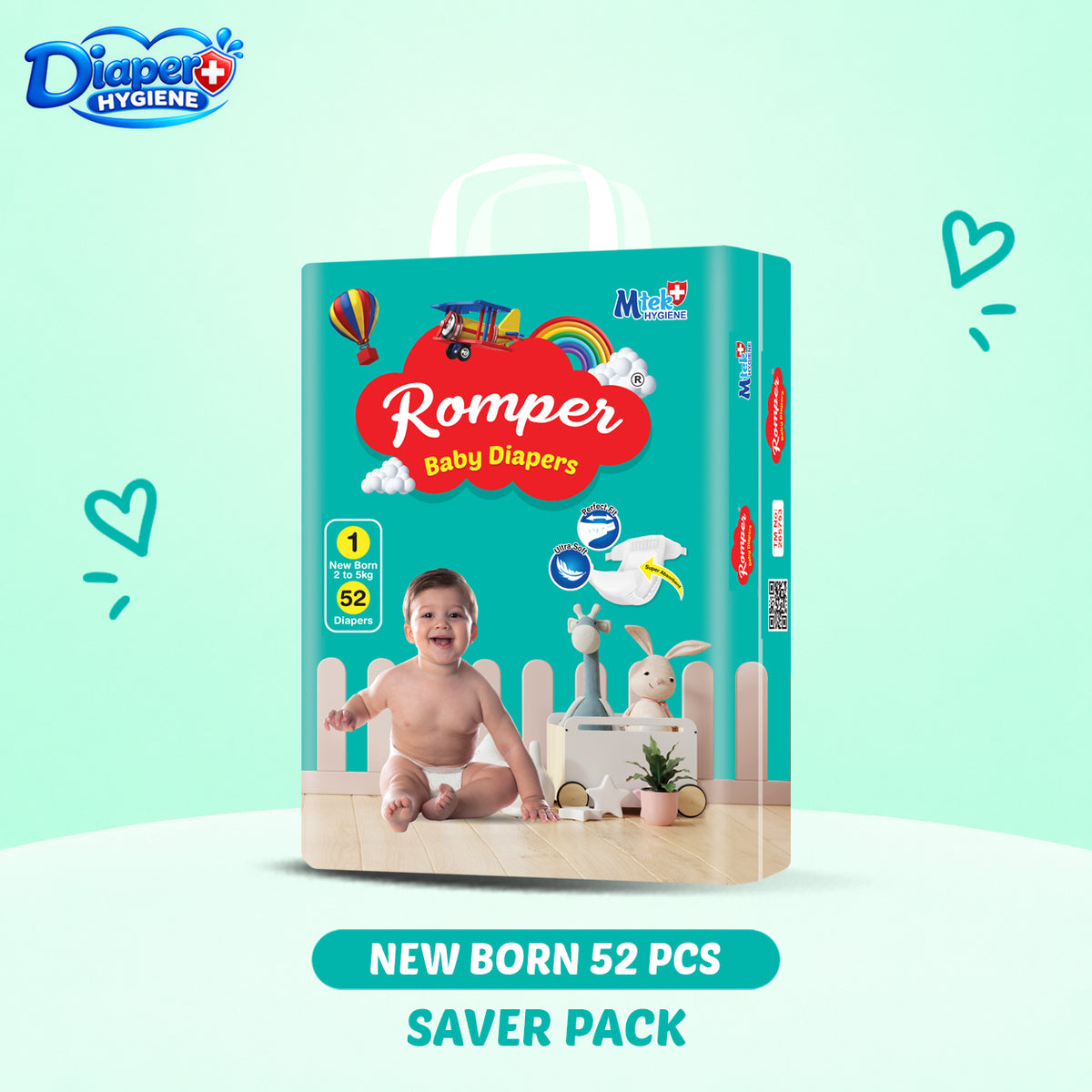 Romper Baby Diapers New Born 52 Pcs Saver Pack – Soft, Comfortable and Leak-Protective Baby Diapers