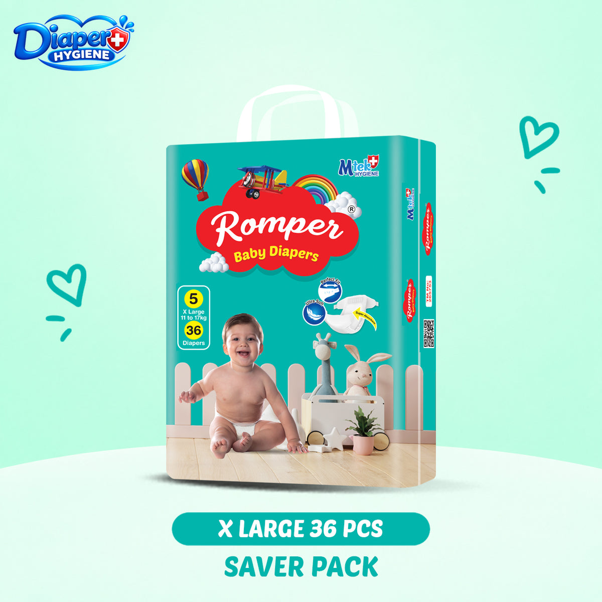 Romper Baby Diapers X Large Size 36 Pcs Saver Pack – Soft, Comfortable and Leak-Protective Baby Diapers